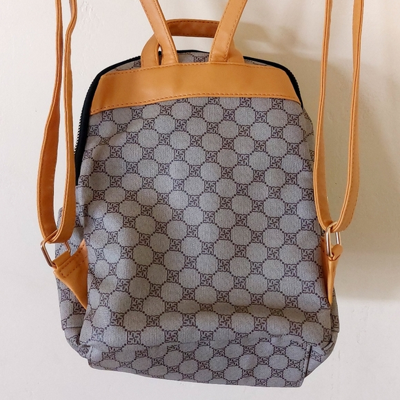 Yellow & Tan Small Faux Leather Vegan Friendly Fashion Backpack Purse w/ Print - Picture 7 of 12